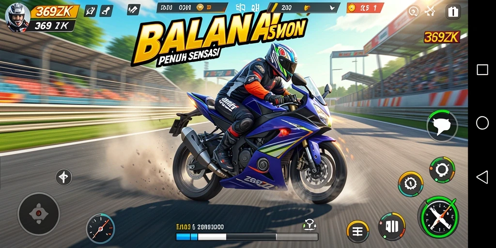Tampilan gameplay seru di 369ZK saat balapan motor.