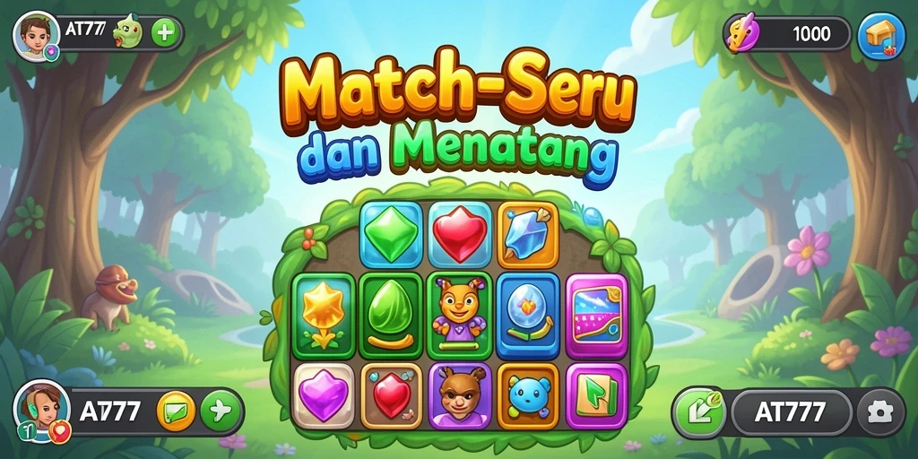 Screenshot gameplay AT777 menampilkan kombinasi elemen warna-warni dalam permainan Match-3.