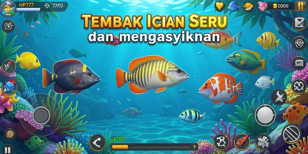 Tampilan gameplay HP777 menampilkan aksi menembak ikan yang seru.