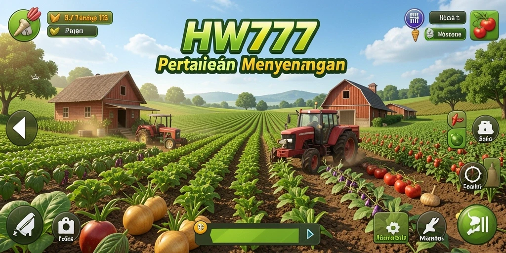 Tangkapan layar HW777 menampilkan pemain mengelola ladang pertanian yang hijau.