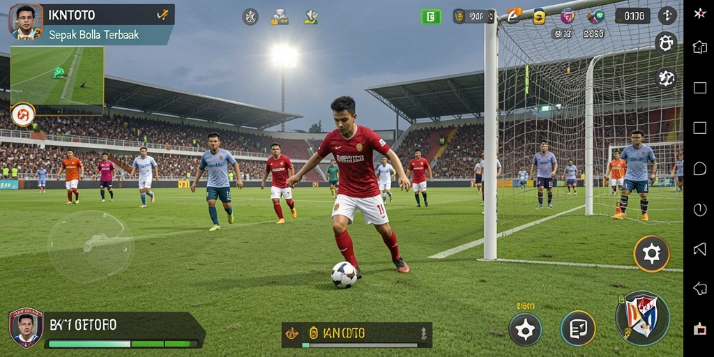 Tampilan gameplay dengan aksi seru dalam permainan sepak bola.