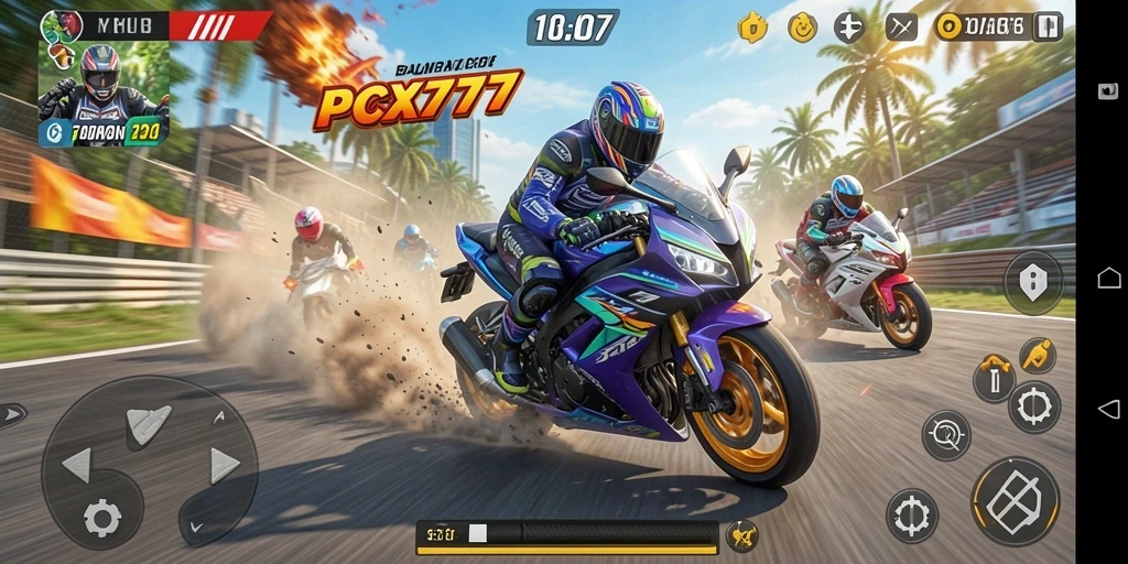 Tampilan gameplay seru di <strong>PCX777</strong> saat balapan motor.