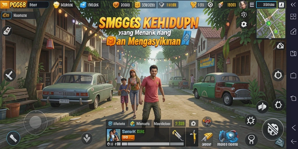 Tampilan gameplay PGG68 dengan karakter berinteraksi di dunia virtual.